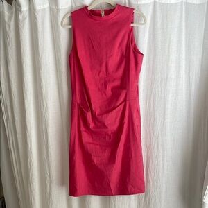 WORN ONCE Sara Campbell Coral Pink Linen Ruched Sheath Midi Dress Size 10